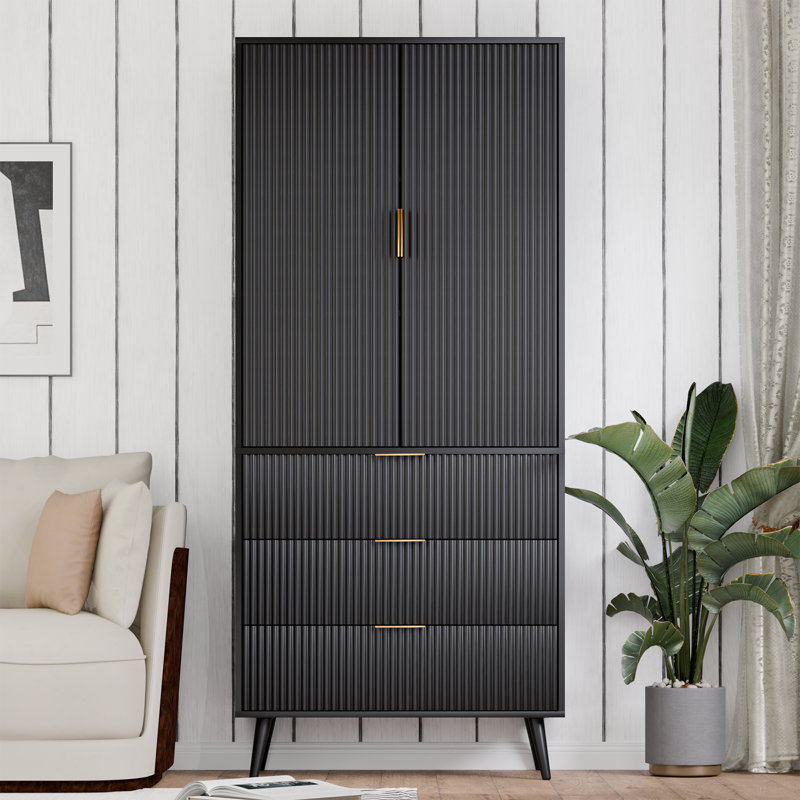 Grande armoire de rangement George Oliver de 71 po, armoire d'appoint avec tablettes réglables et conception à panneau cannelé, armoire à 3 tiroirs et 2 portes, armoire de rangement pour le salon