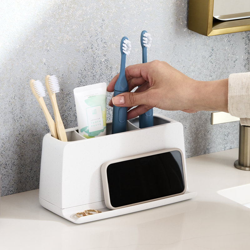 White Polished Freestanding Toothbrush Holder with 3 Compartments