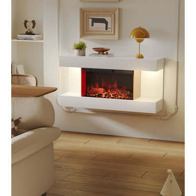 Wall Mounted Electric Fireplace With Multi Ambient Light Colors, Remote, 1800w Heater, White