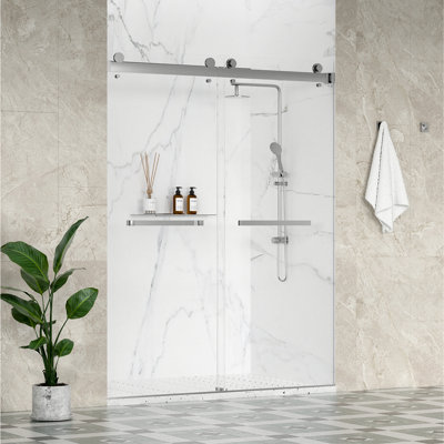 Catalyst 50"- 54" W x 76" H Double Sliding Frameless Shower Door in Chrome with 3/8" Clear Glass