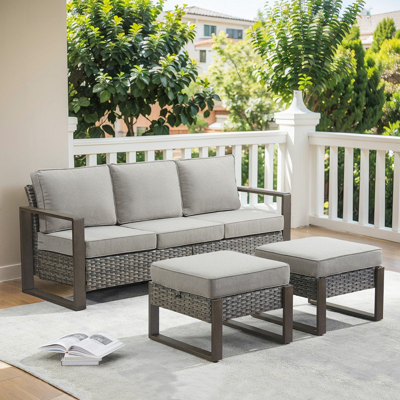 Allcot 75'' Wide Straight Powder Coated Steel Patio Sofa with Cushions, Grey, Grey