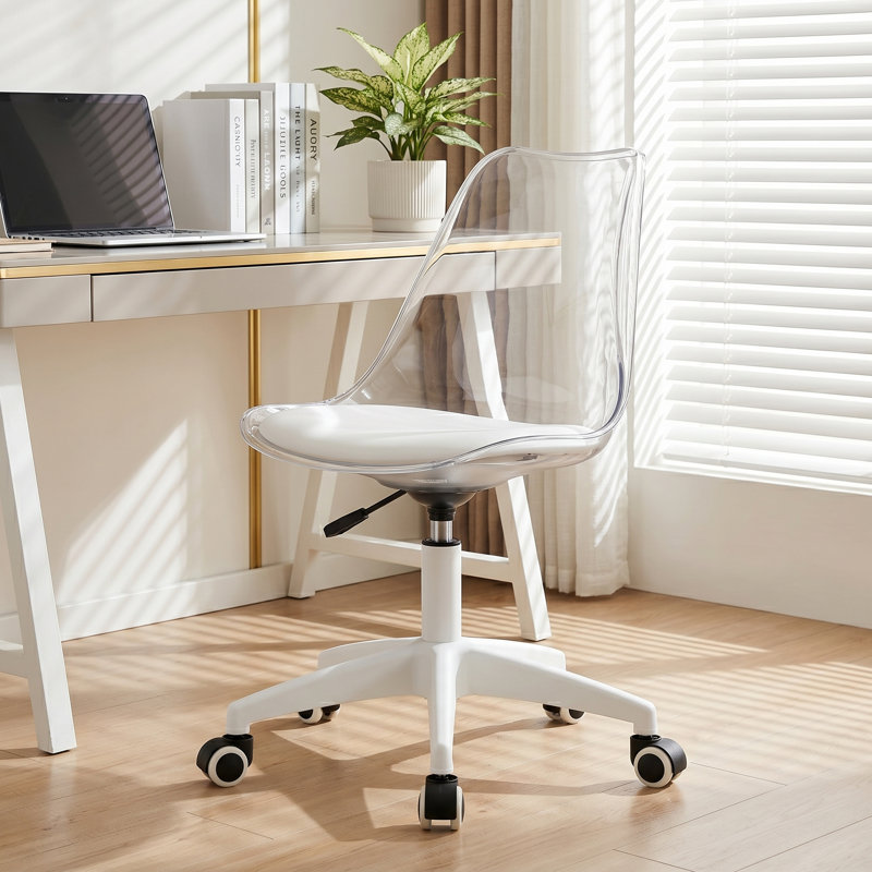 Modern Clear Acrylic Armless Swivel Task Chair with Faux Leather Seat with Adjustable Height, Transparent/White