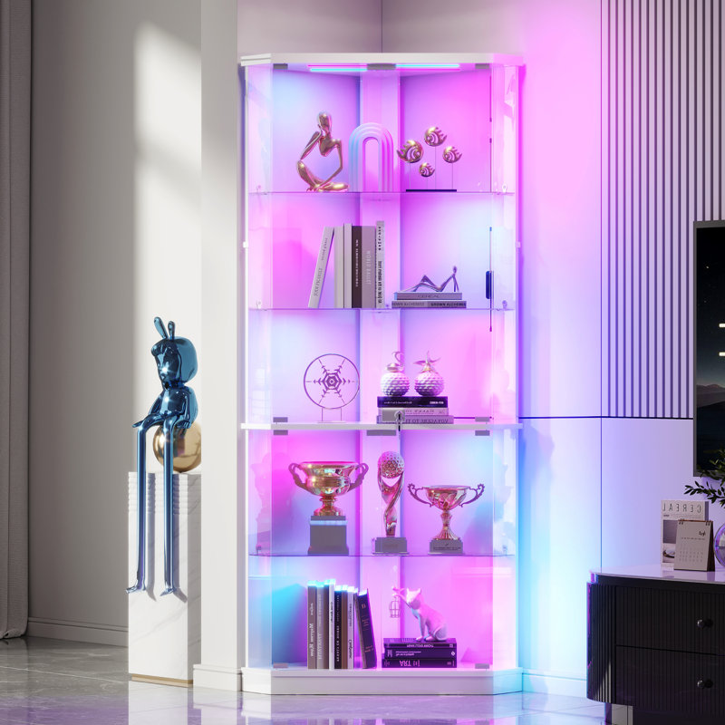 69'' H Glass Corner Display Cabinet With Rgb Lights And Motion Sensor, 5-tier Display Cabinet With Lock, White