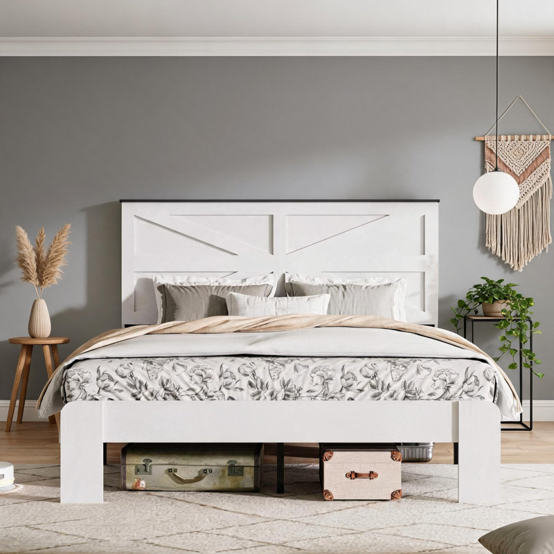 Structure de lit plateforme en bois blanc Crisp avec tête de lit, aucun sommier nécessaire pour la chambre à coucher, King