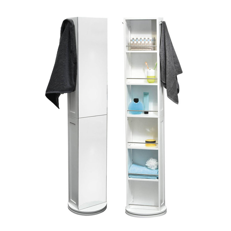 Rotating Bathroom Storage Cabinet with Full-Length Mirror, 360-Degree Swivel, White