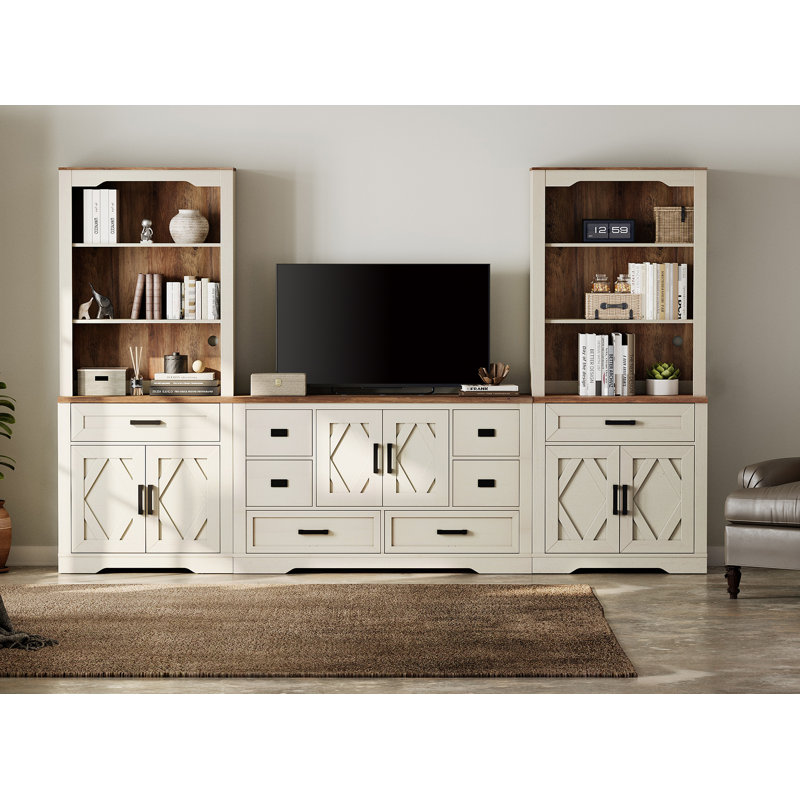 Laziza Stunning Farmhouse TV Stand - Distressed 6-Drawer Media Console & Elegant Dual Barn Door Bookshelves With 5 Spacious Storage Tiers For 60" Tvs