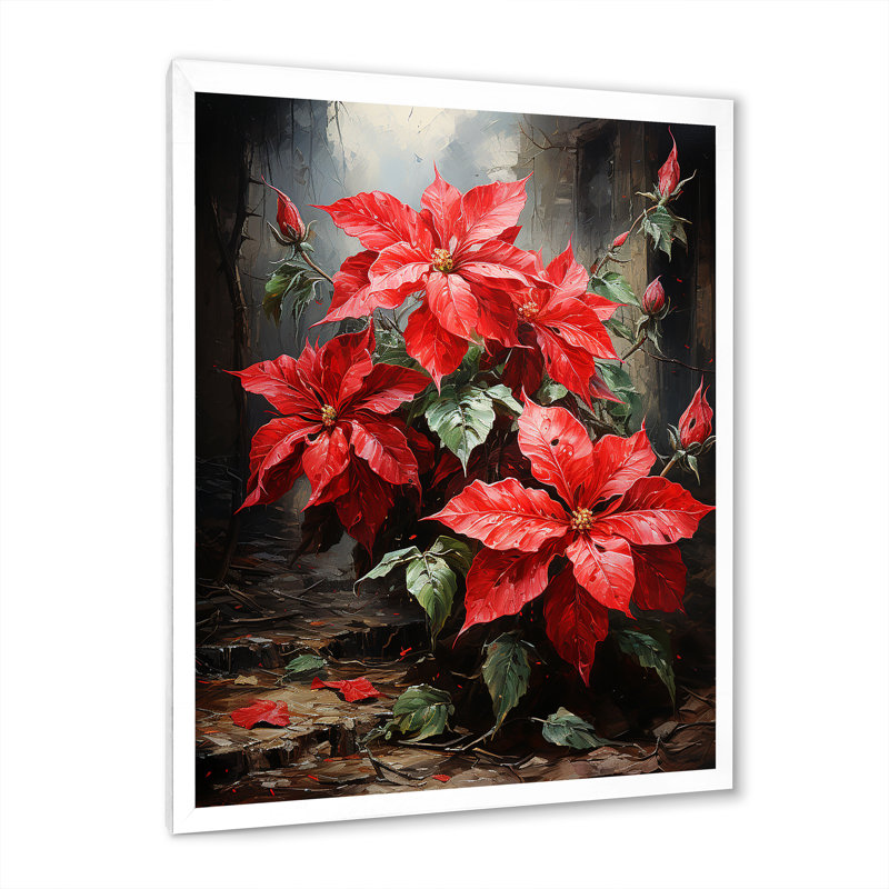 «Red Poinsettias Holiday Velvet Patchwork II» - reproduction d'art sur toile florale et botanique, H 32 po x l 24 po x P 1 po
