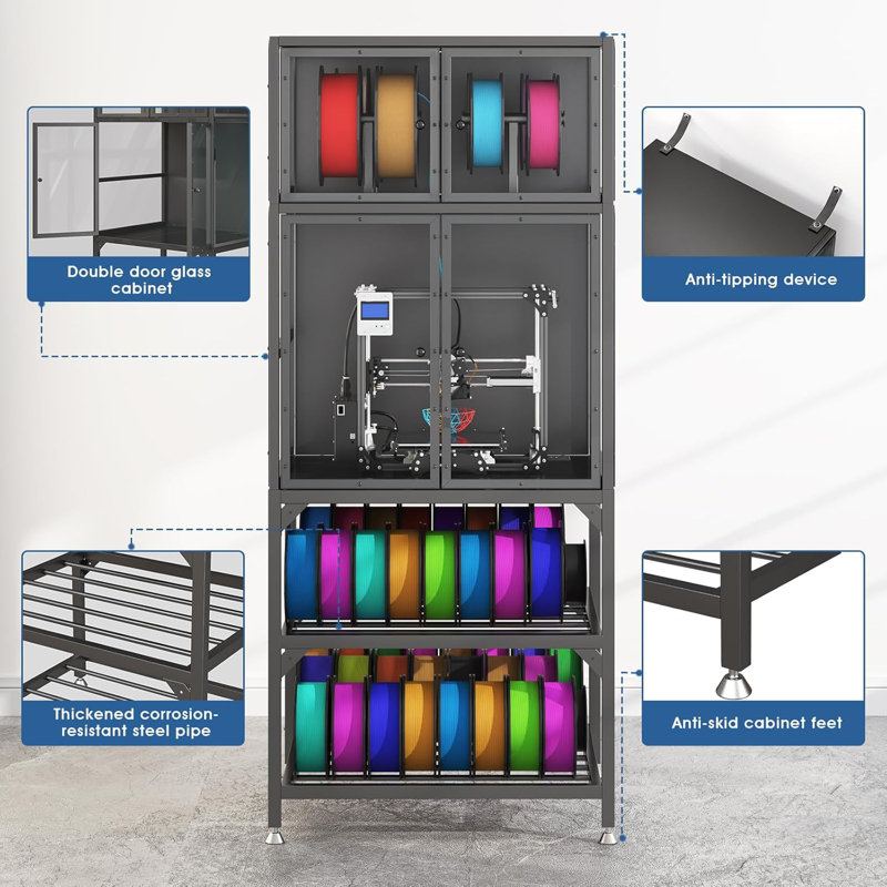 3D Printer Cabinet With Double Layer 3D Printer Filament Storage Rack,Acrylic Cabinet Doors & T-Bar Holder,Built-In Power Strip
