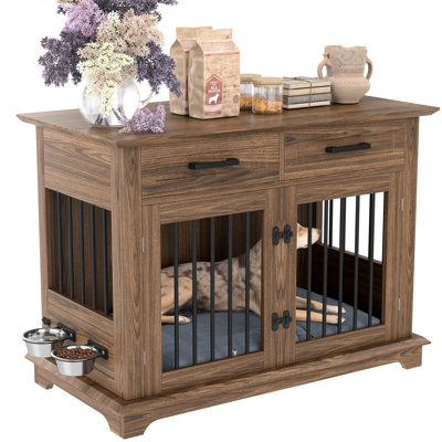 45.14" Large Dog Crate End Table With Rotating Bowls, 2 Storage Drawers, And 4 - Lock Security For Medium Pets, Brown Finish Indoor 360 Bowls Ample Storage, Suitable Dogs In Living Room