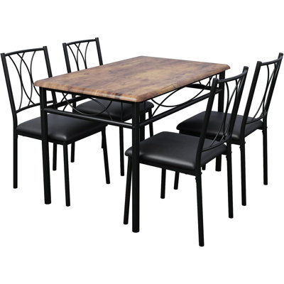 Ensemble de table de salle à manger pour 4 personnes - Panneau de fibres à densité moyenne brun rustique et structure en métal épaissie avec dossiers rembourrés. Plateau spacieux pour 4 à 6 personnes. Structure stable, idéale pour les salles à ma