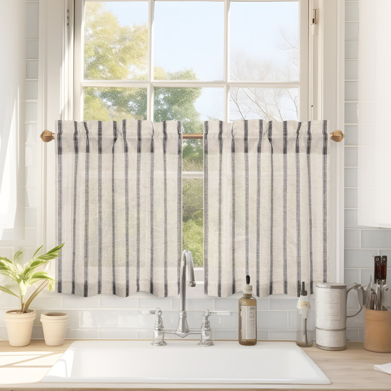 Farmhouse Kitchen Curtains Striped Tier Linen Short Curtains Pinstripe Cafe Curtains, 26" W x 24" L, Black Stripe/Light Linen