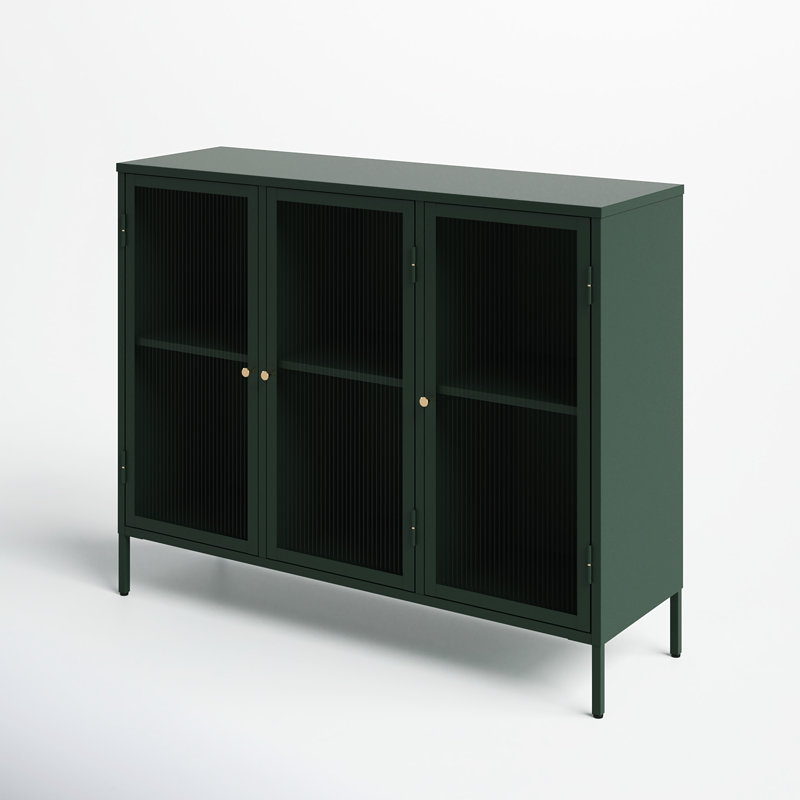 Green Steel and Glass 52'' Sideboard with Gold Hardware