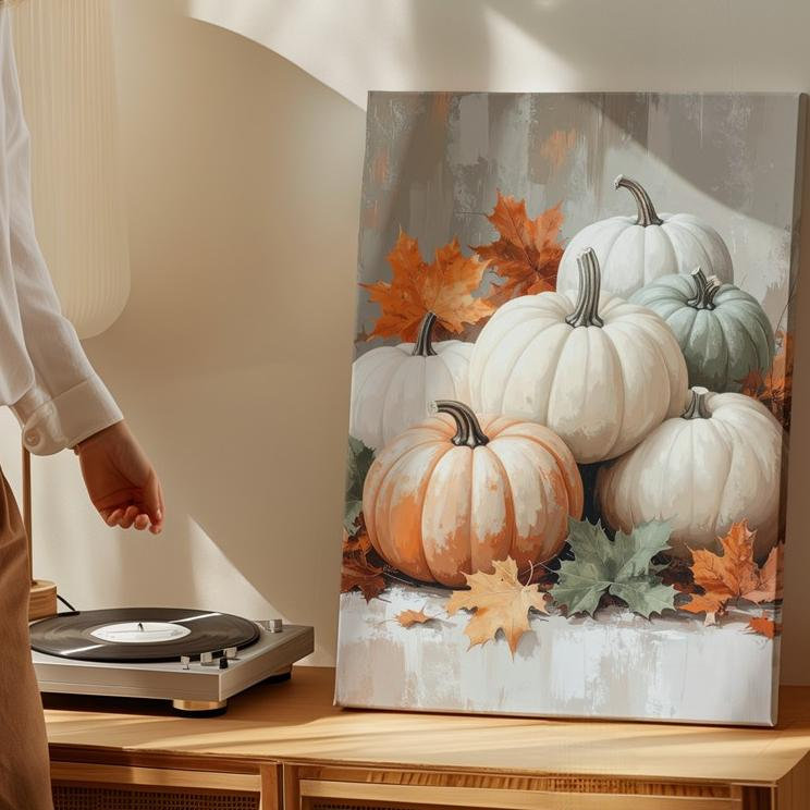 Blanc, orange et sauge, citrouille rustique, automne, nature morte, art mural sur toile, prêt à accrocher, galerie, décoration moderne
