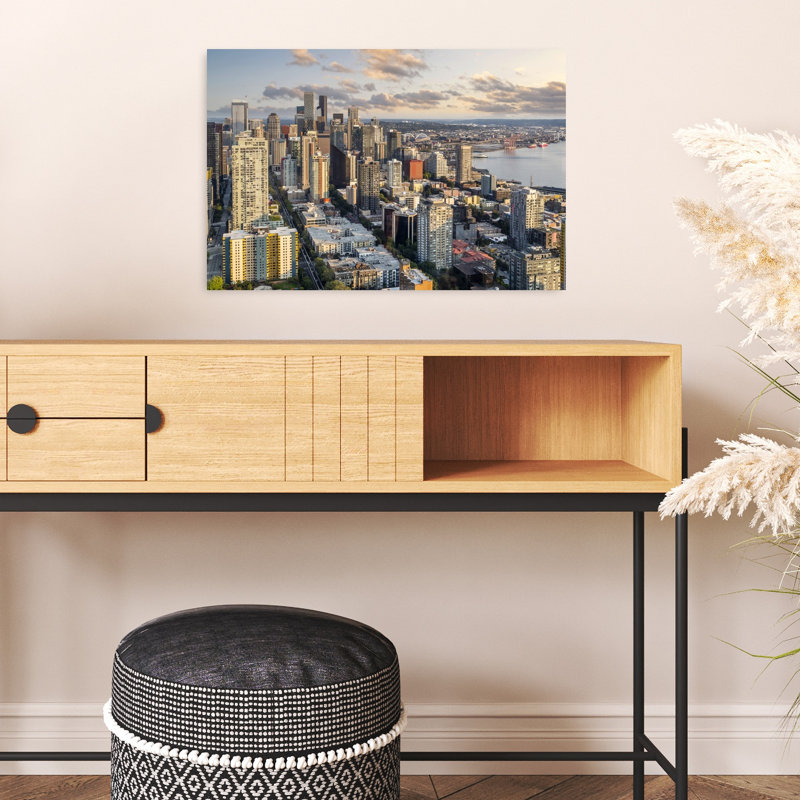 Sunny Seattle Cityscape Modern Vibrant Abstract Architecture City Wall Art Print 1 Piece Wrapped Canvas Wall Art