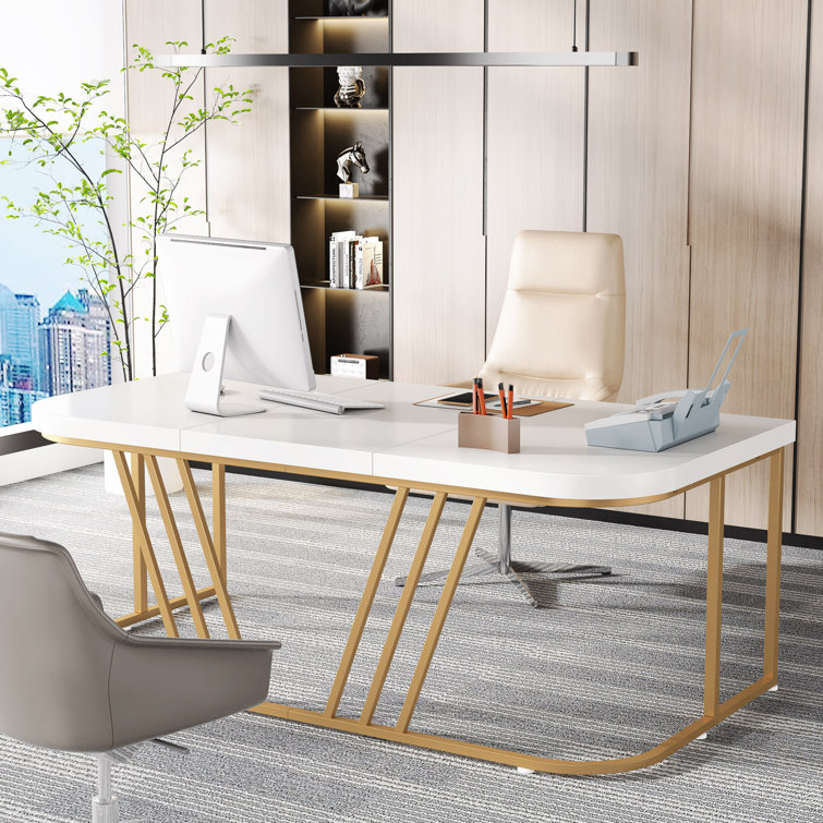 63 Modern White Executive Desk with Drawers & Side Cabinet in Gold Base