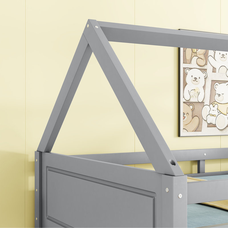 Ishmal Twin Over Twin House Bunk Bed with Headboards, Footboards, Guardrails & Ladder - Rubber Wood, Light Gray