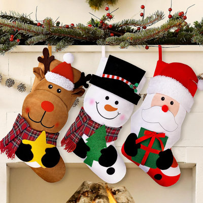 Christmas Stockings, 3 PCS 18 Inches Classic Personalized Stockings For Fireplace Xmas Decoration, Large Santa, Snowman, Reindeer Stockings For Holiday Christmas Party