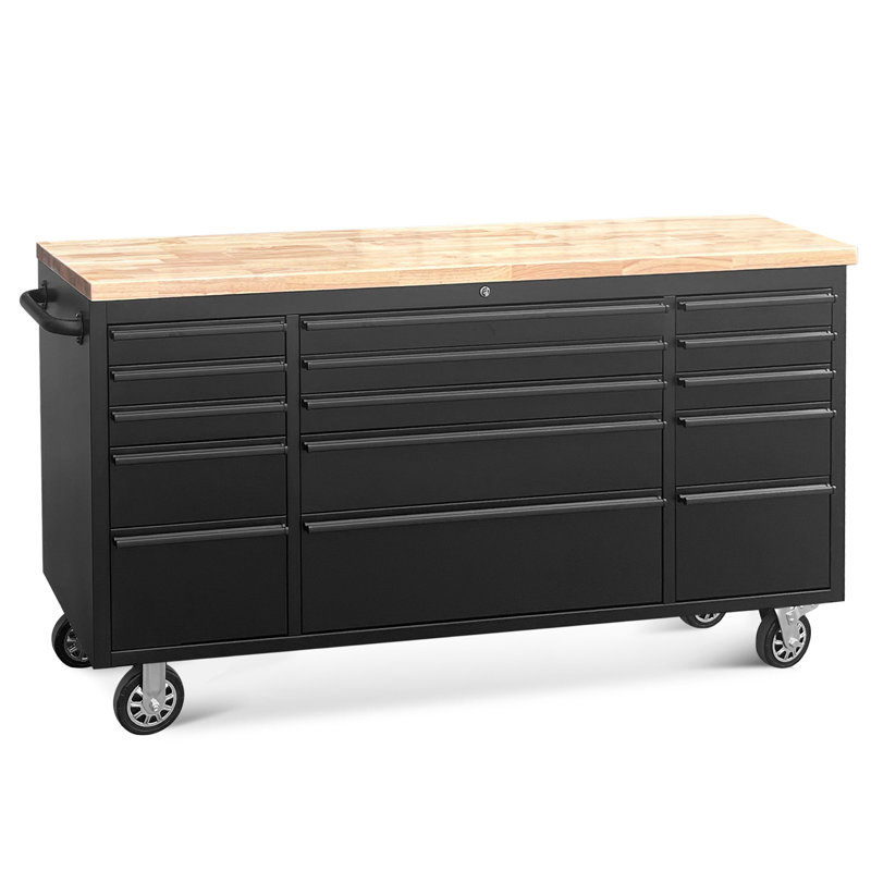 72-Inch Iron Rolling Tool Box with 15 Drawers, Heavy-Duty Mobile Garage Workbench, Lockable Large Tool Chest Storage Cabinet with Wheels for Workshop, Matte Black Finish