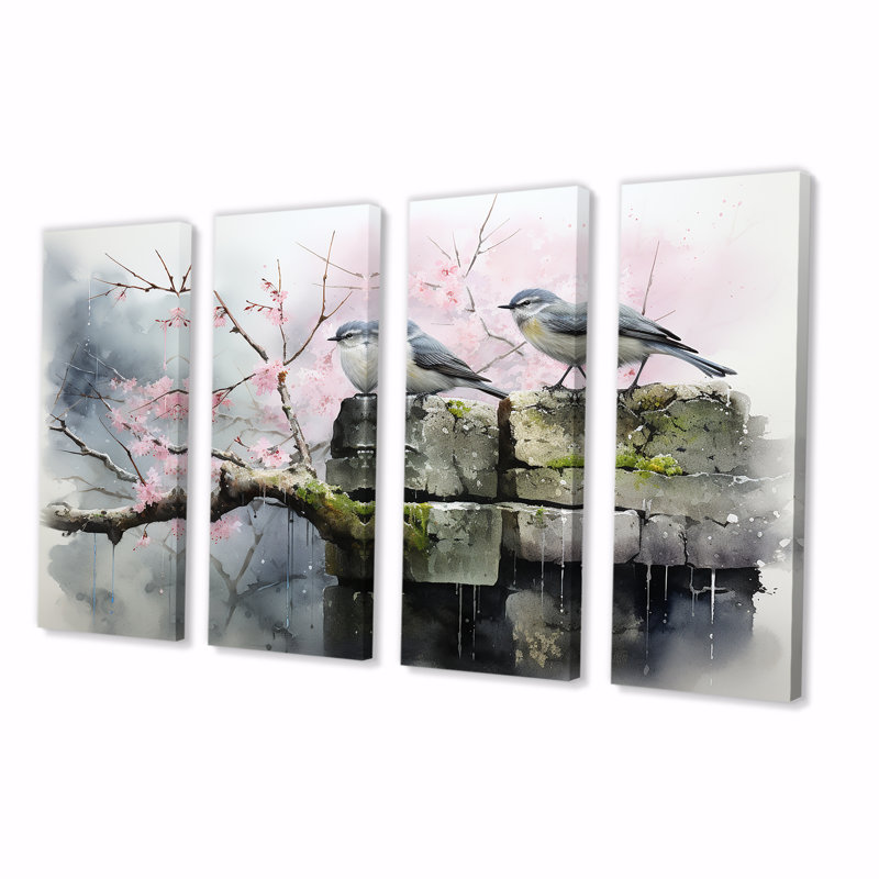 «Gray and Pink Spring Songbirds Blooms - Landscape», ensemble d'art mural 4 pièces, H 28 po x l 48 po
