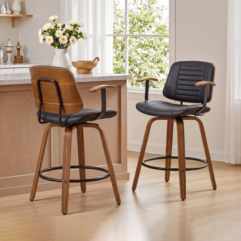 Toriano Modern Faux Leather Swivel Counter Stools With Arms, Black