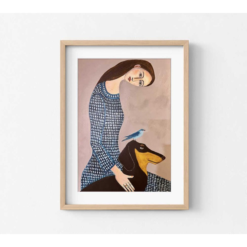Reproduction d'art: Dame avec teckel et oiseau bleu - encadrée ou non, H 30 po x l 40 po, Tanné, Blanc