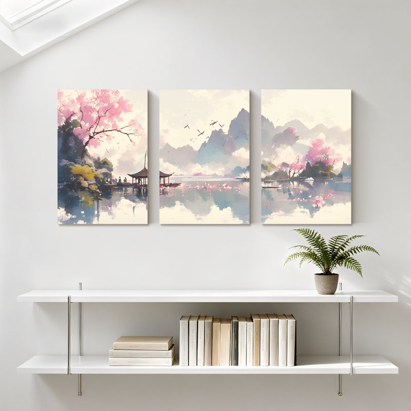 Paysage et nature Cherry Blossom Lake Pavilion Mountains, oiseaux, scène de printemps, ensemble de 3 impressions sur toile