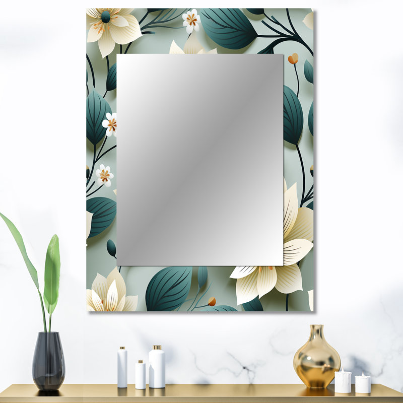Anyelis Teal & Ivory Coastal Elegance Floral Pattern - Floral Mirror, Floral Decorative Wall Mirror, Printed Metal Art