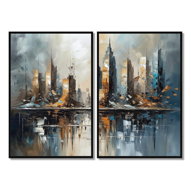 «Abstract City Skyline2», art mural sur toile grise 2 pièces, Impression encadrée flottante, 36'' H x 48'' W, Black