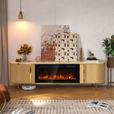 Luxury 70" Fluted Fireplace Tv Stand, Modern Entertainment Centre For For Tvs Up To 80", Tv Console With Sliding Door And Faux Marble Top, Media Console For Living Room