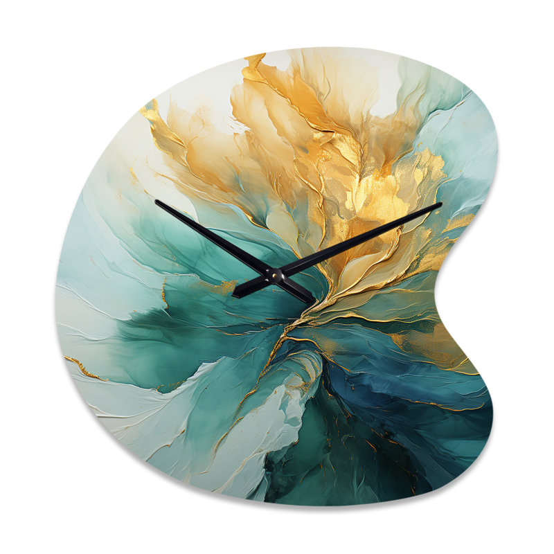 Or et harmonie aurore bleu sarcelle - spirale abstraite forme unique en métal horloge murale, horloge murale asymétrique moderne