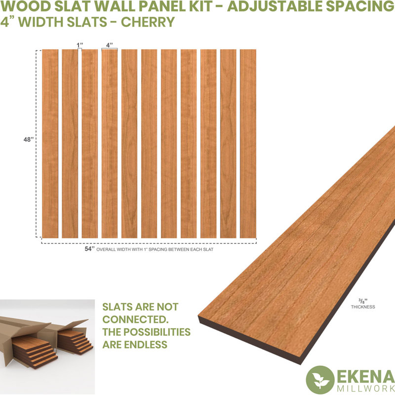 Adjustable Wood Slat Wall Panel Kit, 4"W x 47"H x 0.375"T, Cherry