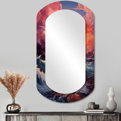 Horizon s Embrace Photorealistic Sunset III - Sunset Asymmetrical Wall Mirror, Pink Cylinder Decorative Mirror, Printed Metal Art