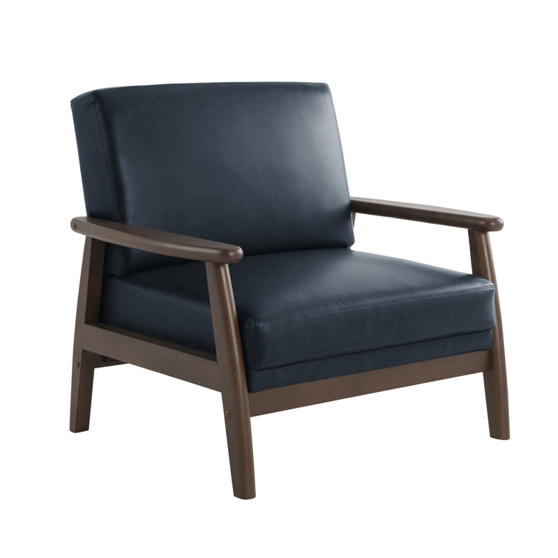 Augustus 36.6" Modern Solid Wood Accent Chair Upholstered in Faux Leather, Navy Faux Leather