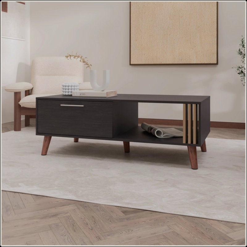 Table basse Wengue avec porte et rangement ouvert