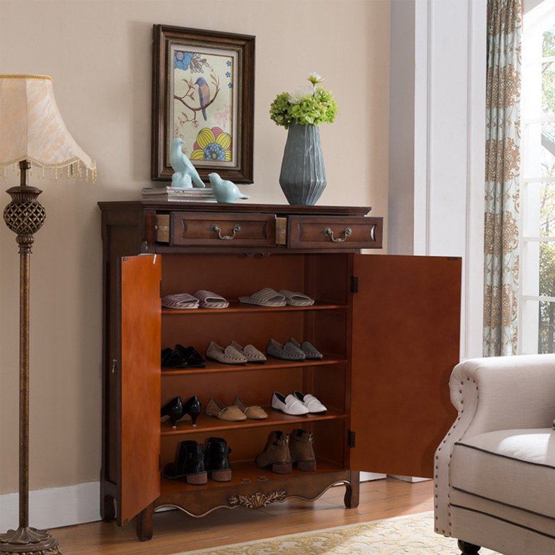 Armoire à chaussures en bois massif sculpté et peint 20 paires, Brun
