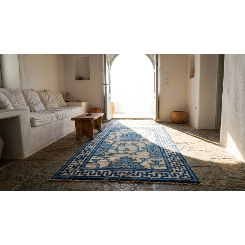 Small Artistic Scatter Size Antique Chinese Ningxia Blue and White Color Rug