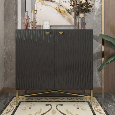 Armoire d'appoint 2 portes à casier noir avec motif en relief et pieds thermolaqués en laiton
