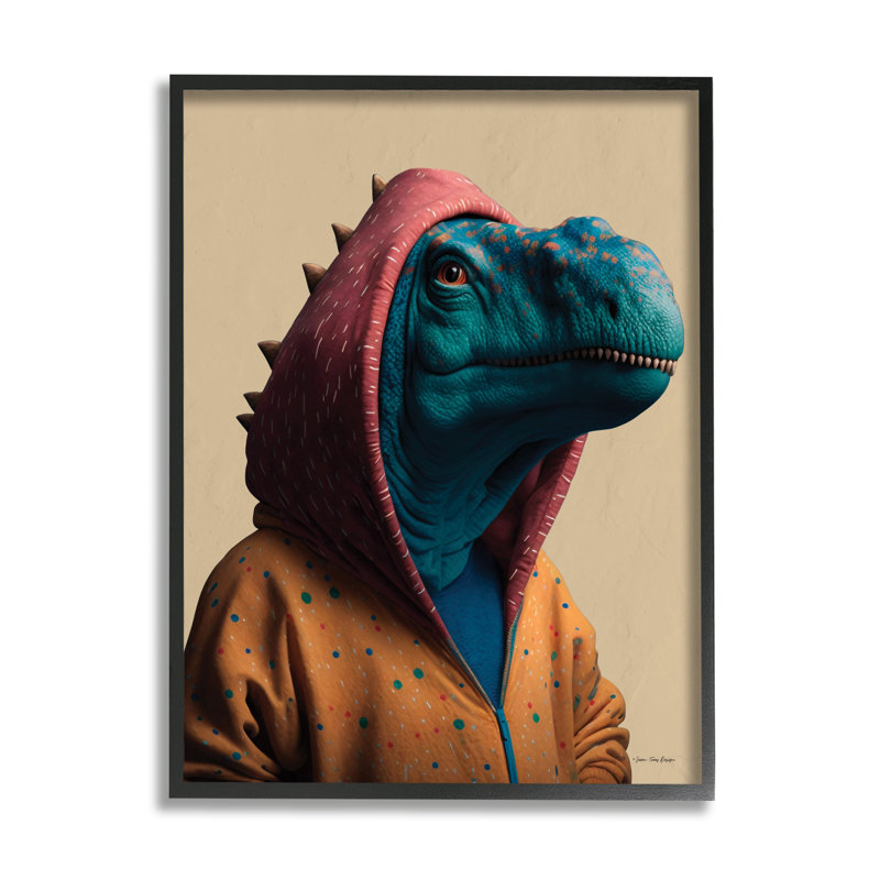 «T-Rex» amusant à capuche, estampe numérique par Seven Trees Design, Giclée encadrée noir minuit