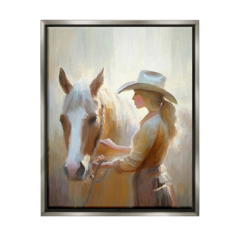 «Sunlit Cowgirl & Horse Floater Frame» par Ramona Murdock sur, Cadre flottant gris lustré, H 21 po x l 17 po