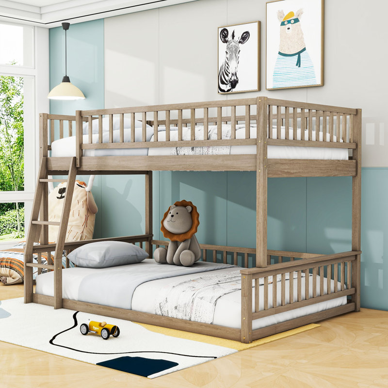 Josip Full XL Over Queen Solid Pine Wood Bunk Bed With Ladder, Guardrails, Walnut