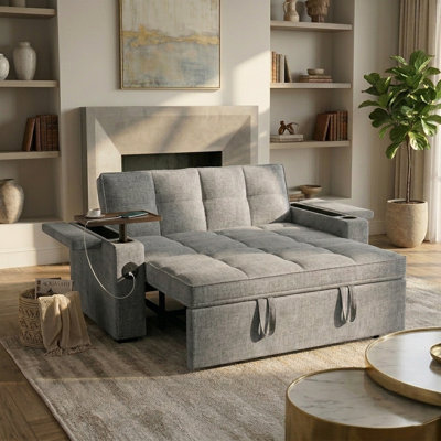 65" Convertible Sleeper Sofa With Pull-Out Bed, Loveseat Sofa Bed with Adjustable Backrest & 360° Swivel Side Table, Grey