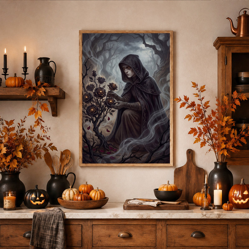 Sorcière à capuchon s'occupant de roses noires brillantes dans une toile murale sombre pour l'Halloween, 48"H x 36"W