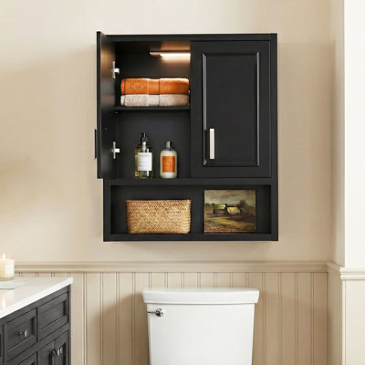 Wall Cabinet with Lights, 23.6" W x 8.3" D x 29.5" H Bathroom Wall Cabinet with 2 Doors, Adjustable Shelf & Open Bottom Shelf, Soft-Close Hinges, Motion Sensor LED Light, Black Over Toilet Storage Cabinet