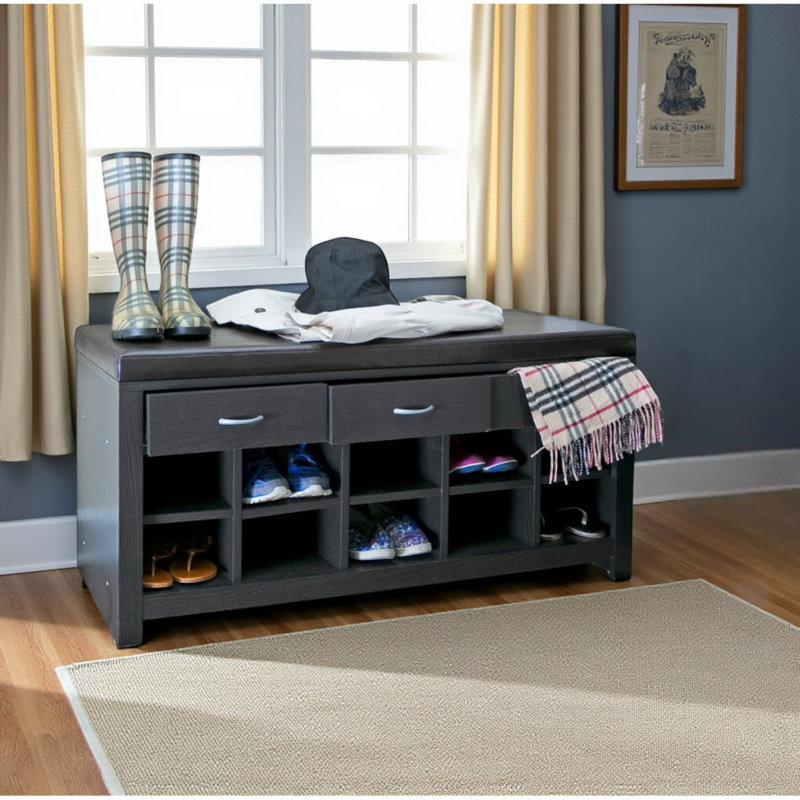 Entryway Bench with 3 Drawers in Dark Brown Faux Leather, 19.88'' H X 41.61'' W X 15.4'' D