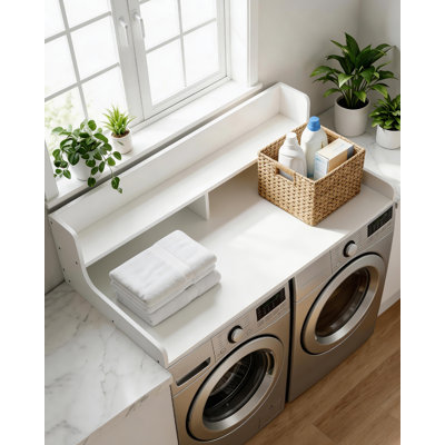 Tablette à linge robuste en bois sur la laveuse et la sécheuse - Table de rangement 54 po x 27,5 po avec rails latéraux de 12 po, patins antidérapants, rangement de ferme pour plier les vêtements