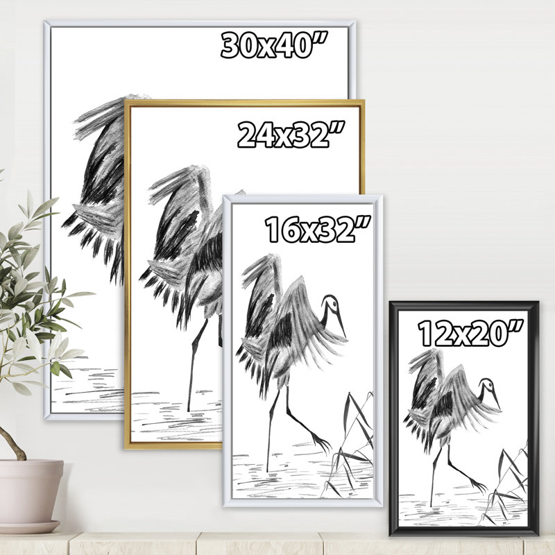 Grue japonaise japonaise - peinture sur toile, H 40 po x l 30 po x 1,5 po, Cadre noir