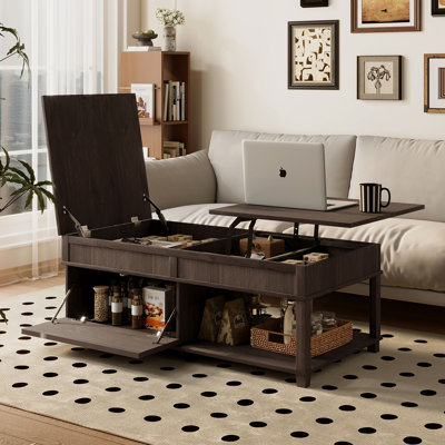 Table basse à plateau relevable avec compartiment caché, tablette ouverte et bureau réglable