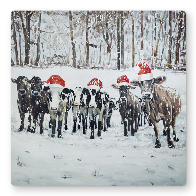 Curious Christmas Cows - Rustic Brown Metal Print for Home Decor