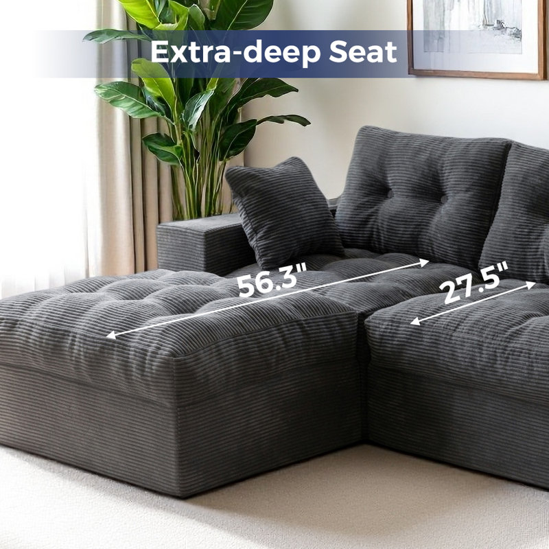 104"Cloud Modular Sectional Sofa,No Assembly Required Boneless Couch, Dgrey Corduroy
