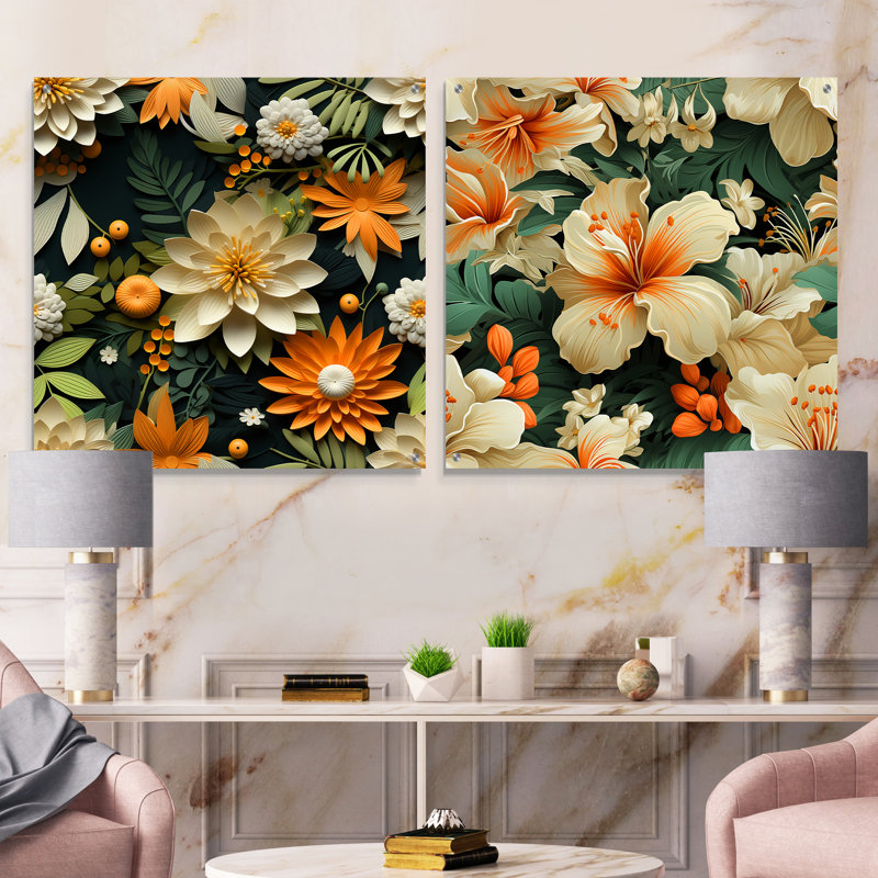 «Mango Bloom», motif tropical I - ensemble d'art mural en verre acrylique bord de mer tropical, H 16 po x l 33 po